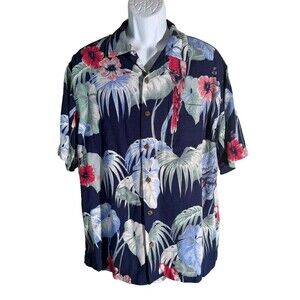 Caribbean Silk Blend Camp Shirt Mens Large Deep Blue Hibiscus‎ & Birds